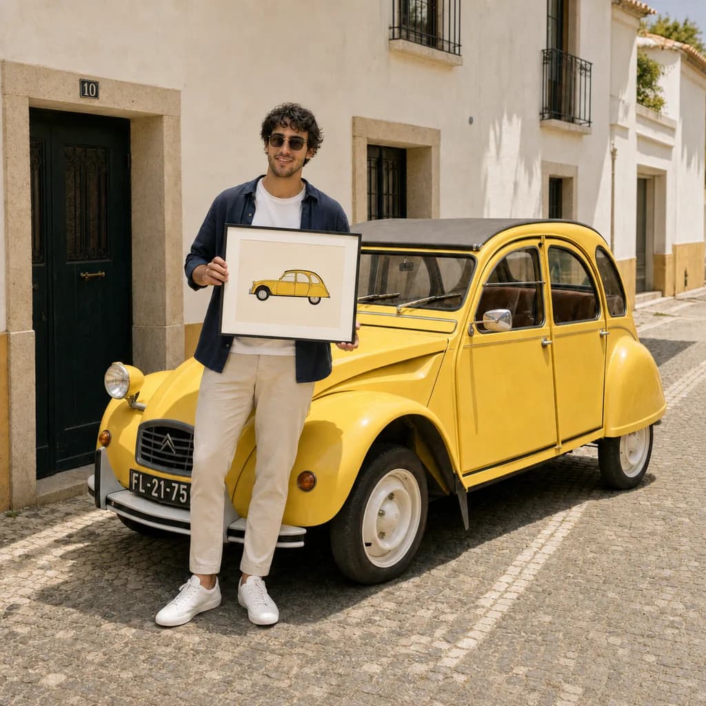 Um dono ao lado do seu Citroën 2CV amarelo, com a ilustração emoldurada na mão, numa rua portuguesa