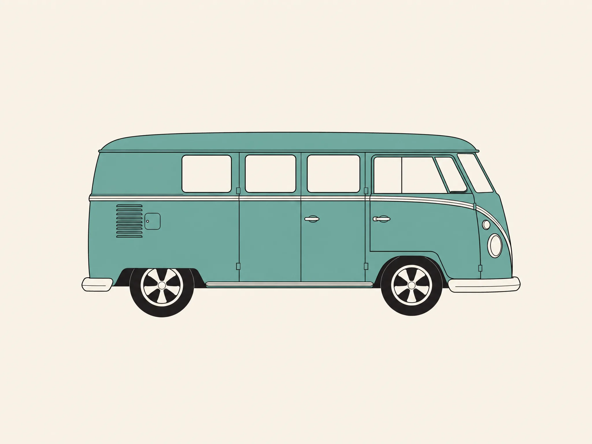 Ilustração de uma Volkswagen T1 Transporter, perfil lateral em estilo vetorial plano